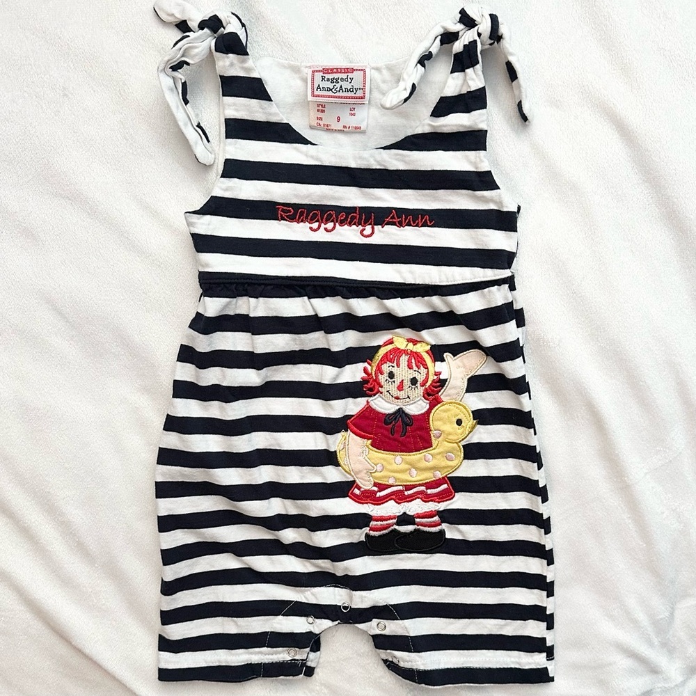 VTG Classic Characters Raggedy Ann & Andy Striped Romper Outfit 9M Baby Girls